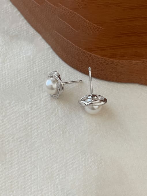 ES2828 [White Gold] 925 Sterling Silver Imitation Pearl Square Minimalist Stud Earring